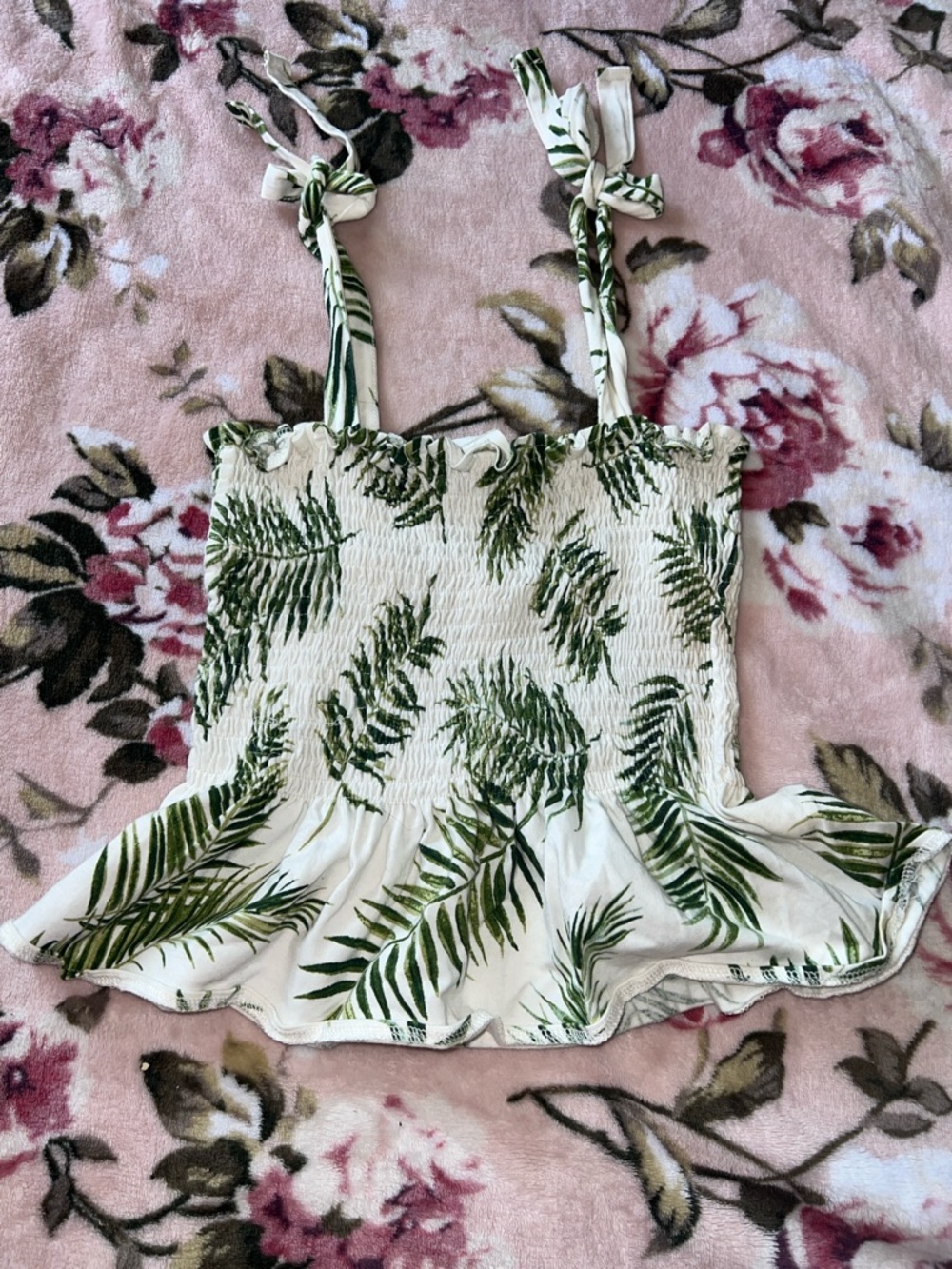H&M White & Green Tropical Leaf Smocked Tie-Strap Camisole